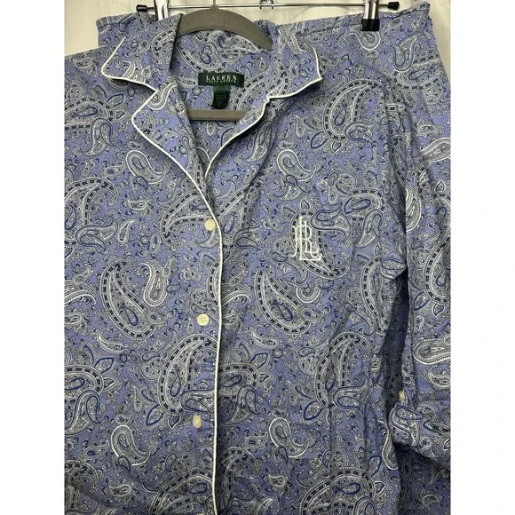 Lauren Ralph Lauren Women's Small Paisley Long Sleeve Button Blue Pajamas Set - Picture 2 of 6